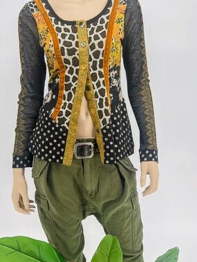 Vintage Y2K Black, Mustard & Olive Mixed-Print Long Sleeve Top